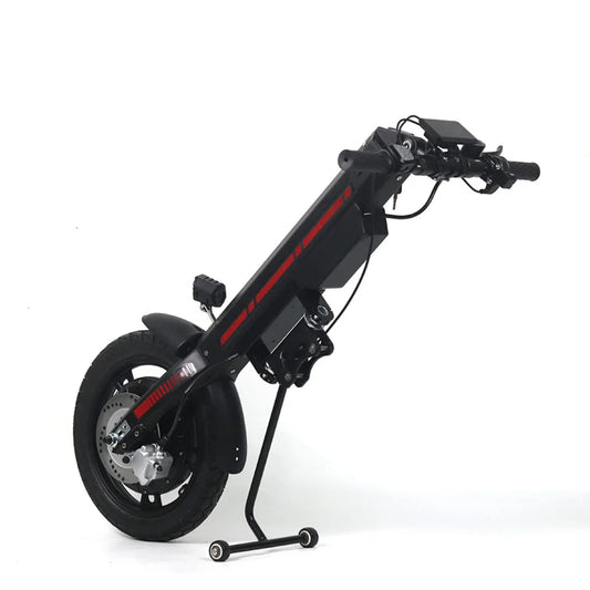 Electric Handbike Mijo Mt03 features a sleek black design, compact frame, and sturdy tire for stability.