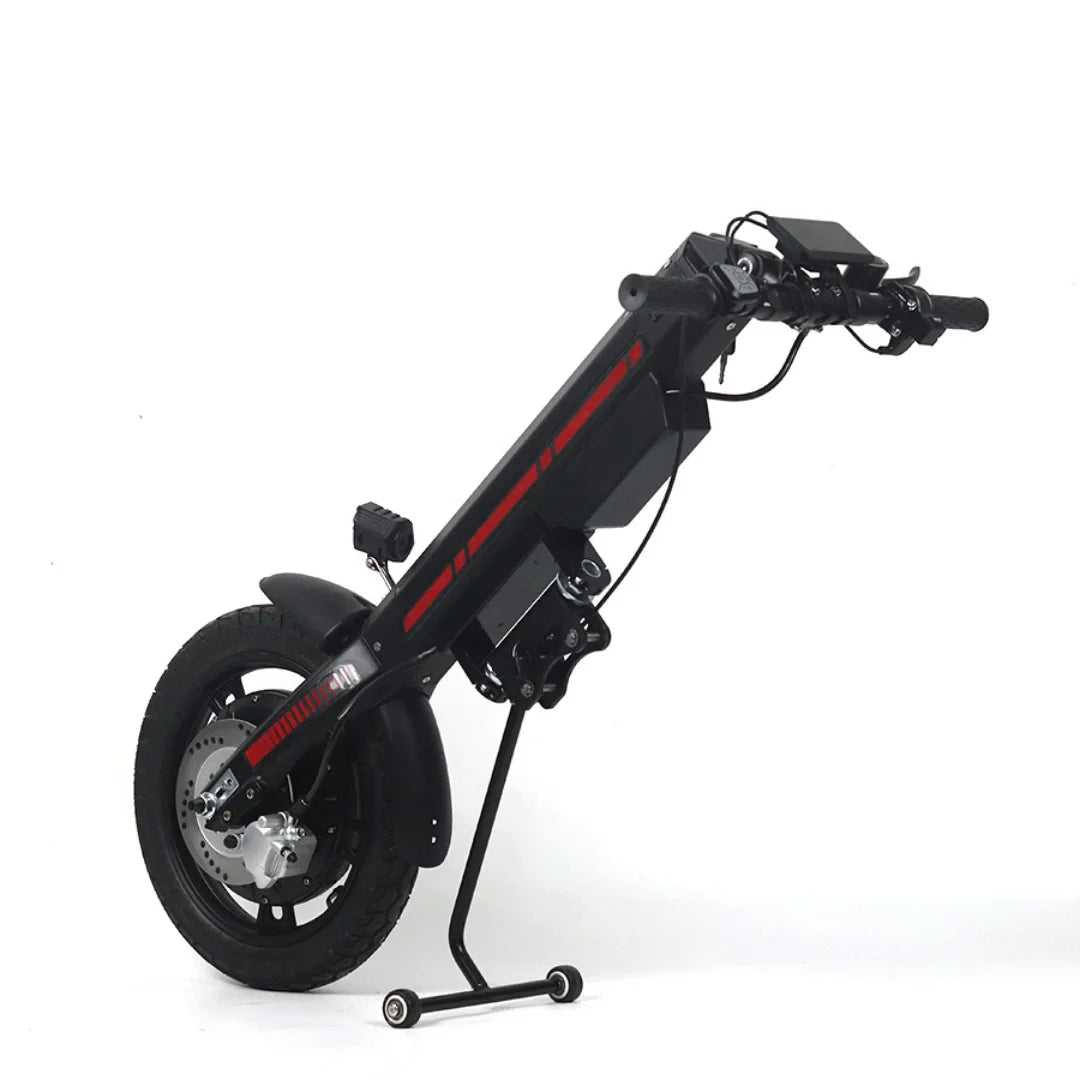 Electric Handbike Mijo Mt03 features a sleek black design, compact frame, and sturdy tire for stability.