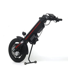 Electric Handbike Mijo Mt03 features a sleek black design, compact frame, and sturdy tire for stability.