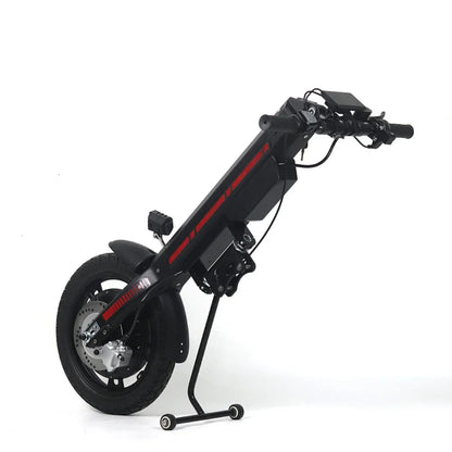 Electric Handbike Mijo Mt03 features a sleek black design, compact frame, and sturdy tire for stability.