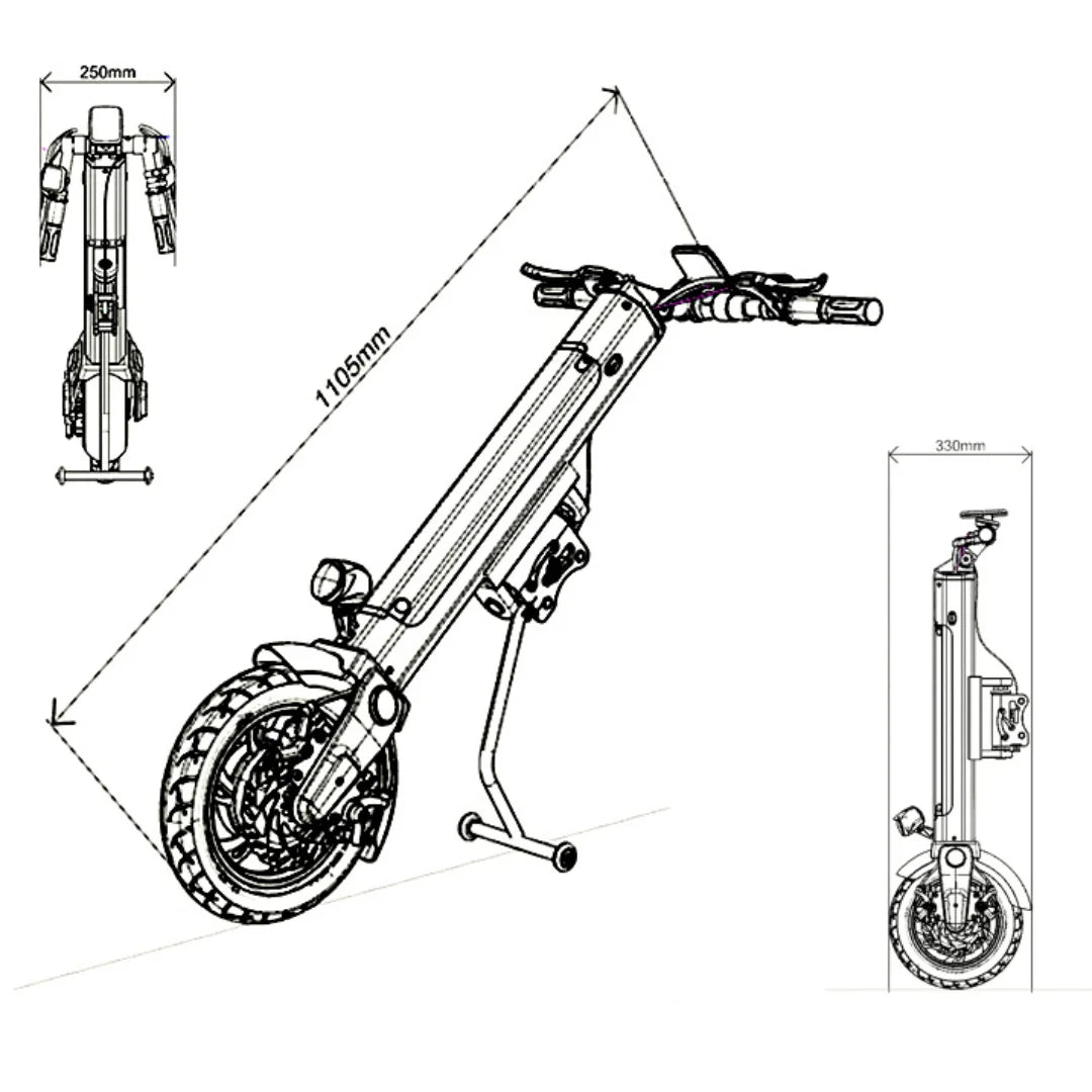 Electric Handbike Mijo Mt03 features a foldable design, compact size, and detailed technical dimensions for convenience.