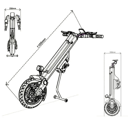 Electric Handbike Mijo Mt03 features a foldable design, compact size, and detailed technical dimensions for convenience.