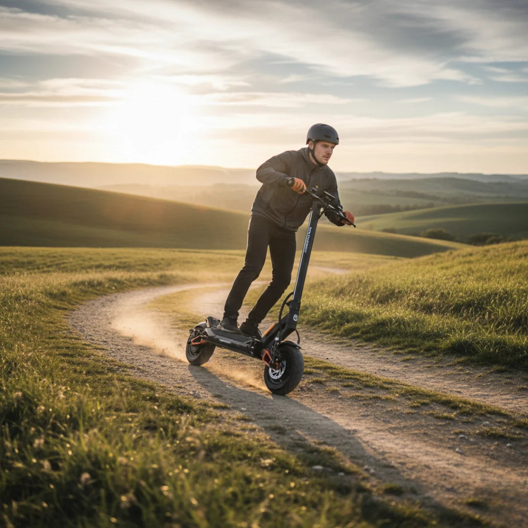 Electric scooter MS Energy Flare X PRO – man riding scooter on dirt path