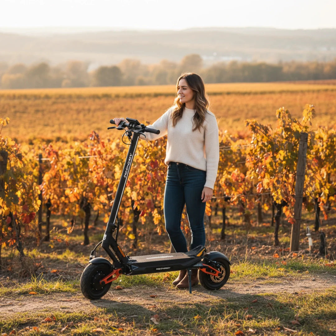 Electric scooter MS Energy Flare X PRO – woman standing with scooter in vineyard