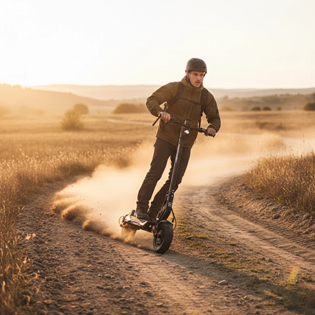 Electric scooter MS Energy Flare X PRO – rider on dirt track, kicking up dust