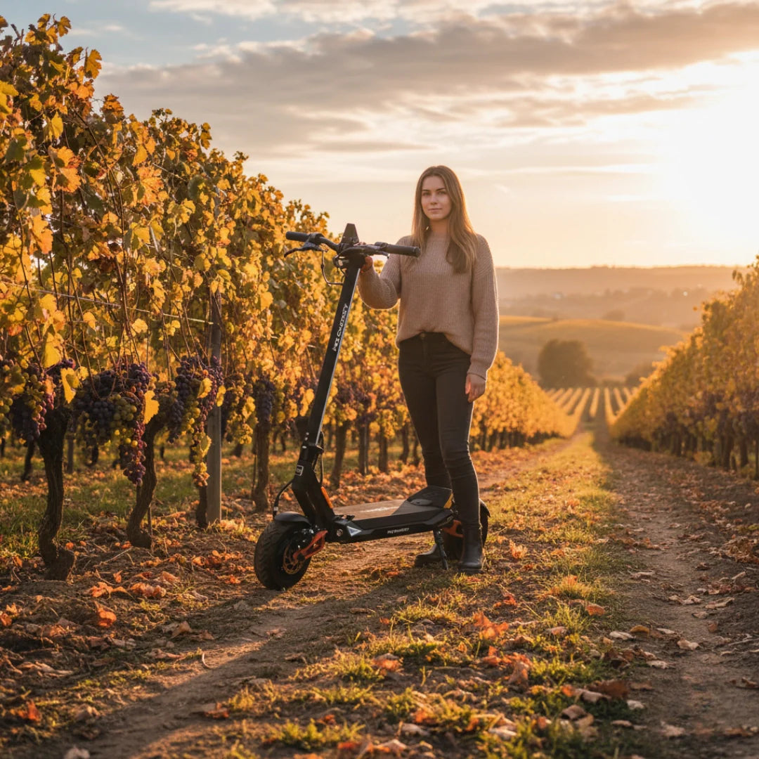 Electric scooter MS Energy Flare X PRO – woman standing with scooter at sunset