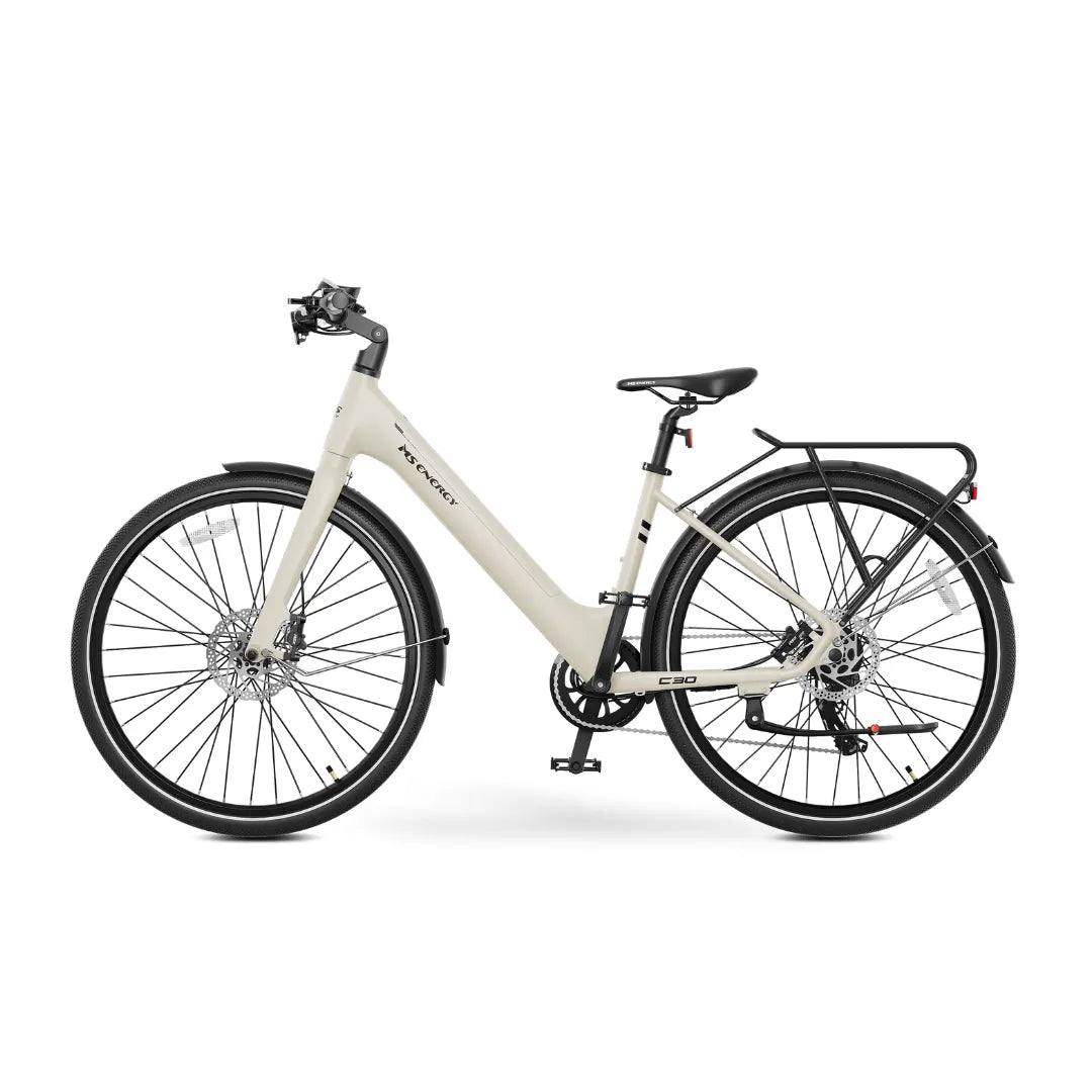 Electric bicycle MS Energy C30 – rear three-quarter view, cream colour