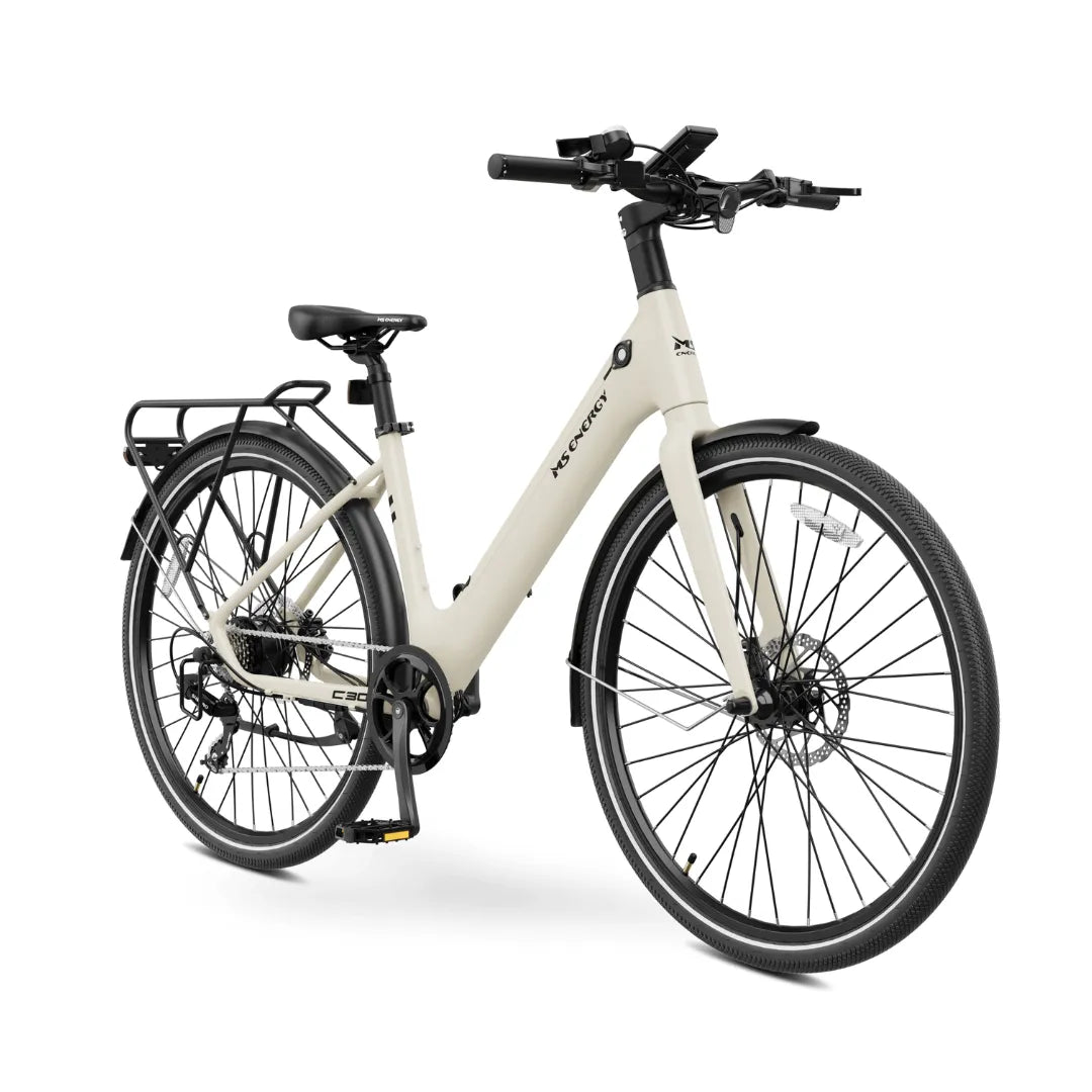 Electric bicycle MS Energy C30 – front three-quarter view, cream colour