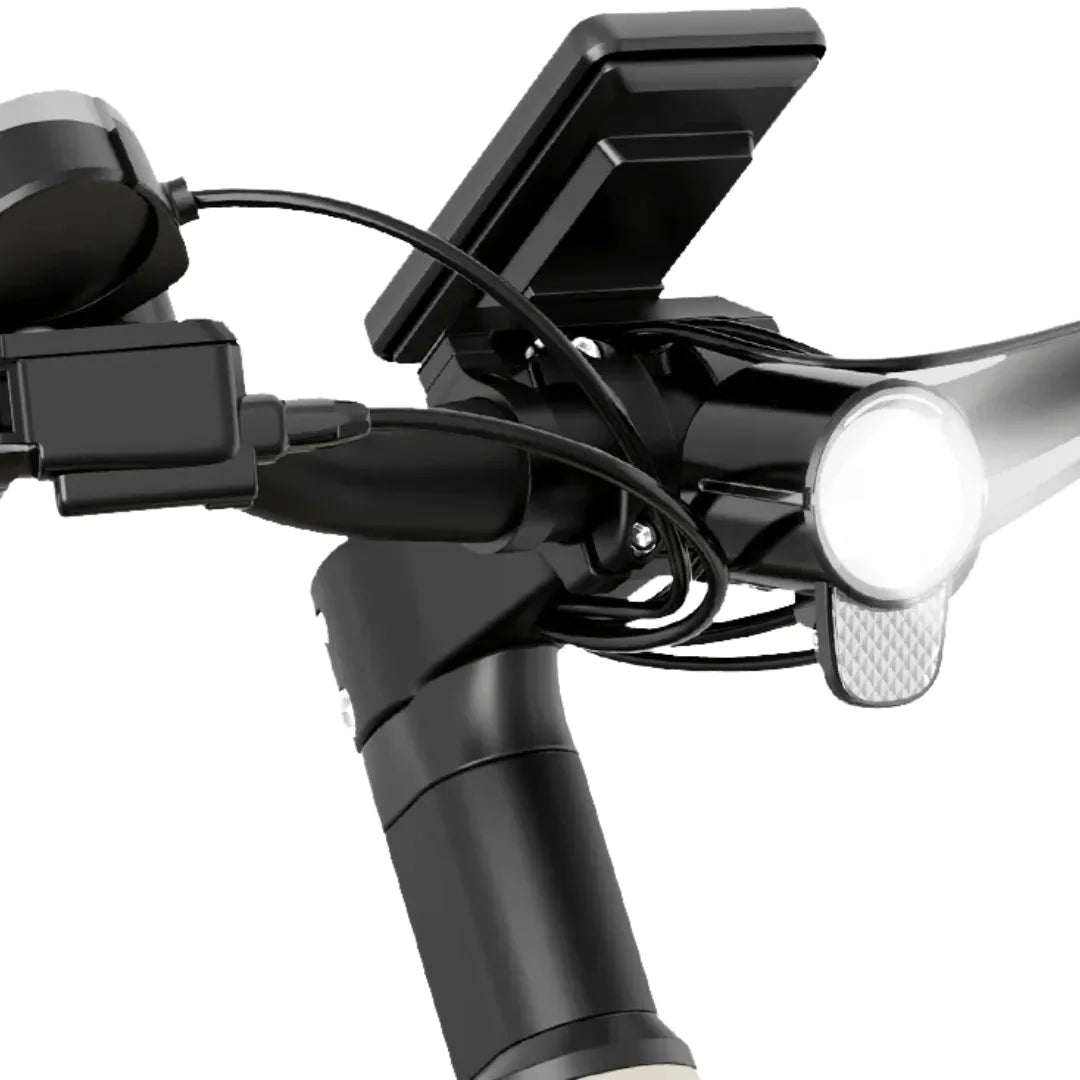Electric bicycle MS Energy C30 – handlebar, display, and headlight close-up