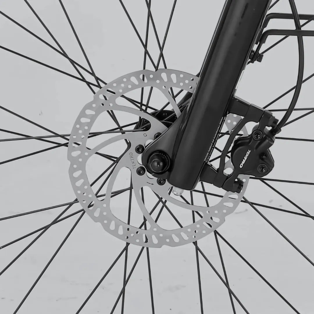 Electric Bike Ms Energy Suv C502 features a close-up of its advanced disc braking system, ensuring safety.