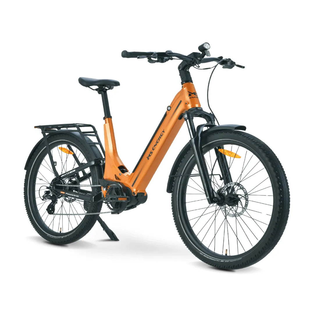 Electric bicycle MS Energy SUV C502 – front three-quarter view, orange colour variant