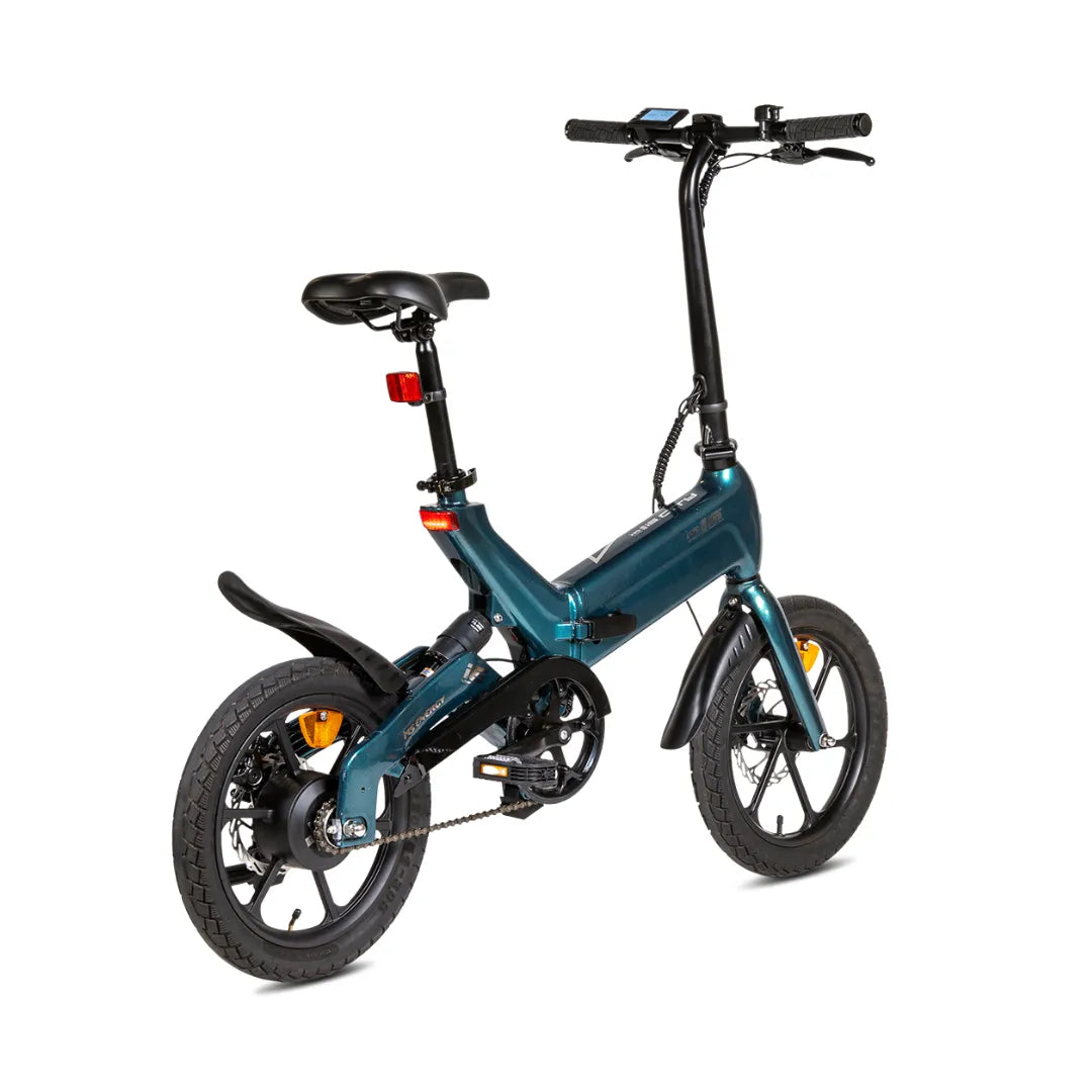 Electric bicycle MS Energy UrbanFold i6 – rear three-quarter view, teal colour