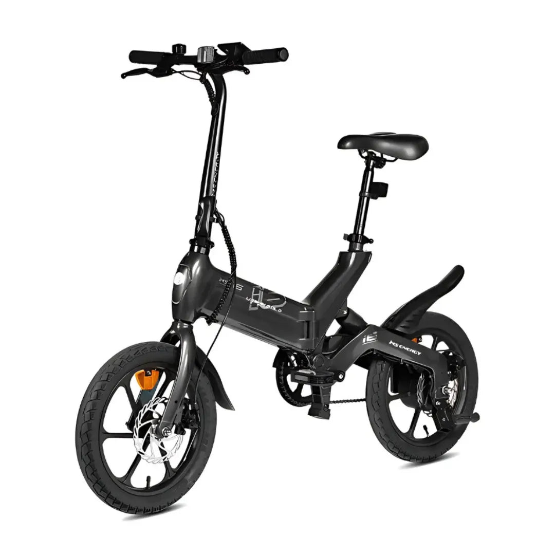 Electric bicycle MS Energy UrbanFold i6 – front three-quarter view, black colour