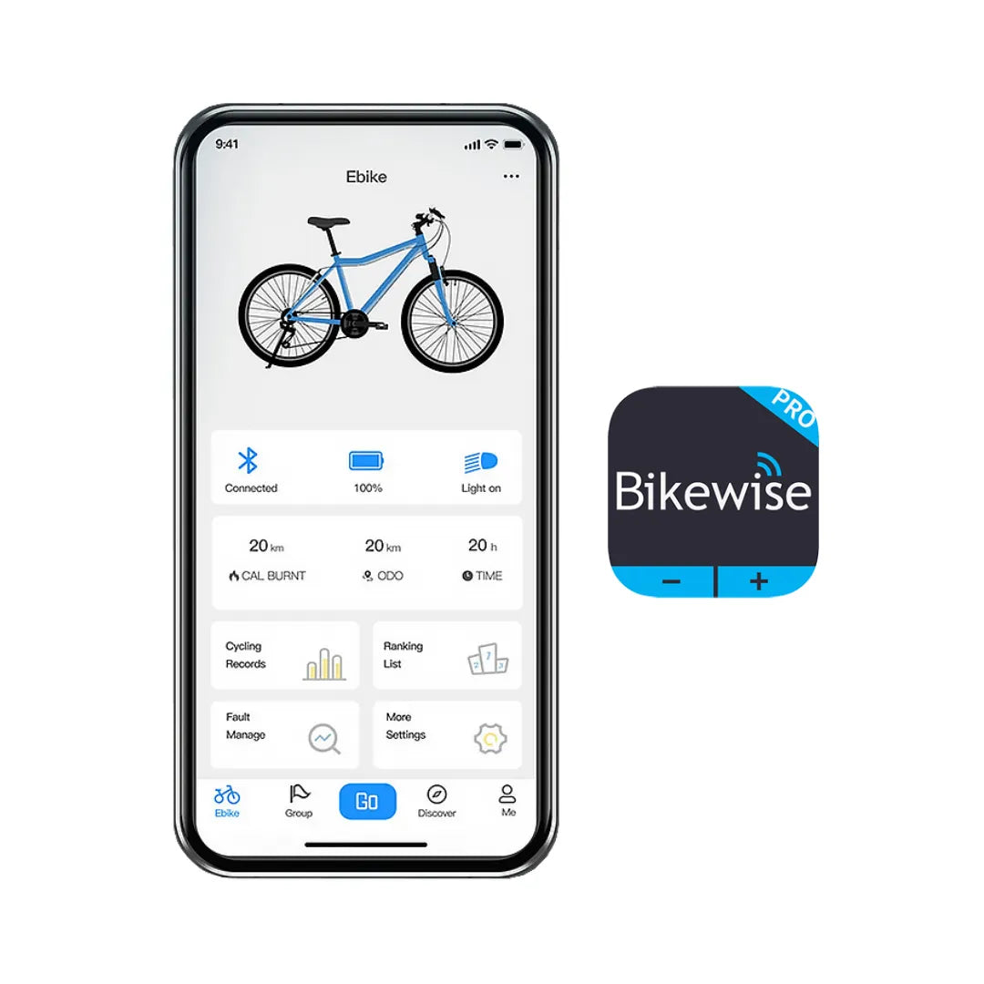 Electric Bike Ms Energy C40 features an app interface displaying bike stats, battery levels, and settings options.