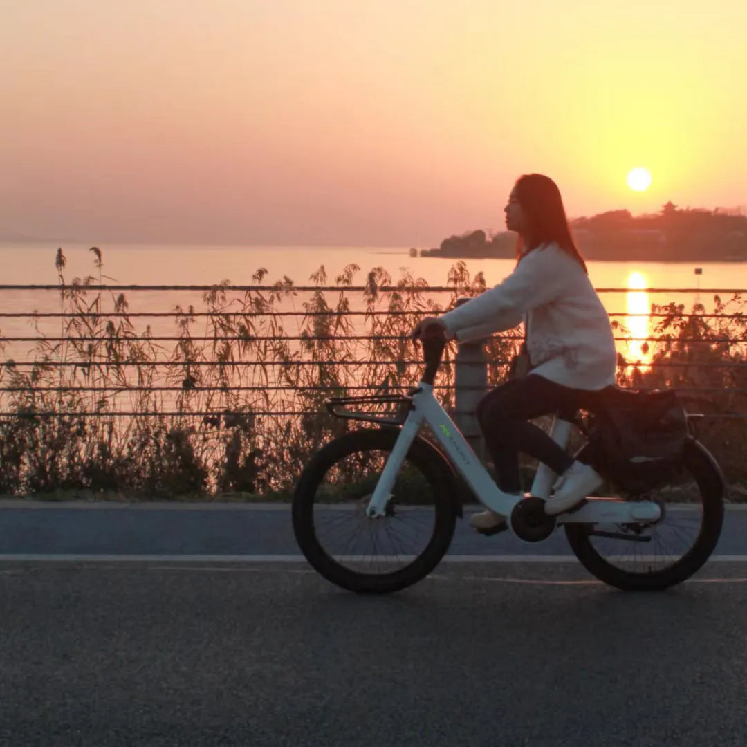 Electric bicycle MS Energy CityZen C102 – woman riding at sunset