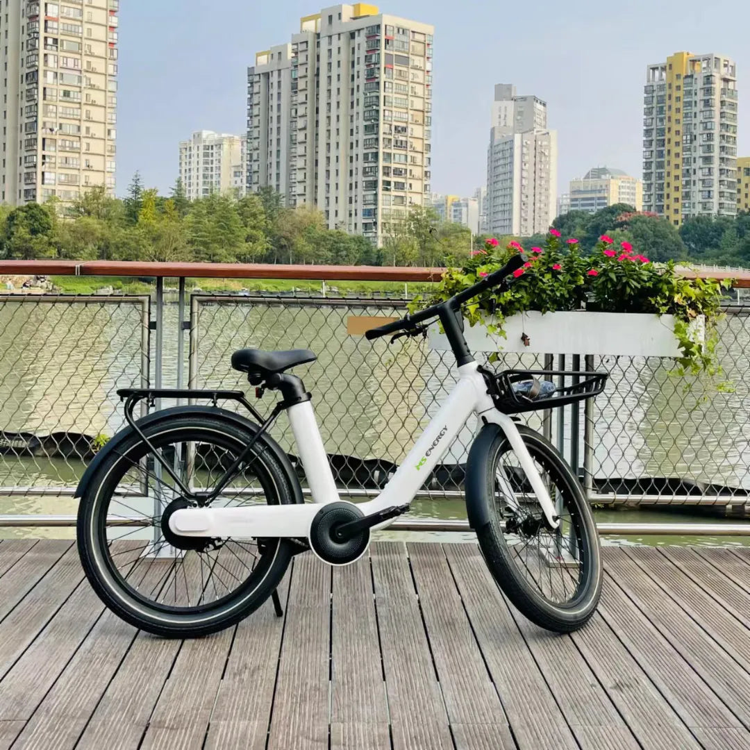 Electric bicycle MS Energy CityZen C102 – white colour variant, urban background