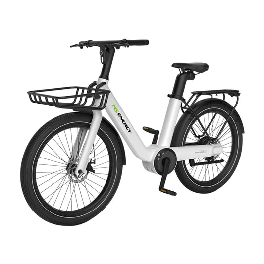 Electric Bike Ms Energy Cityzen C102 features a sleek silver frame, comfortable seat, and sturdy front basket.