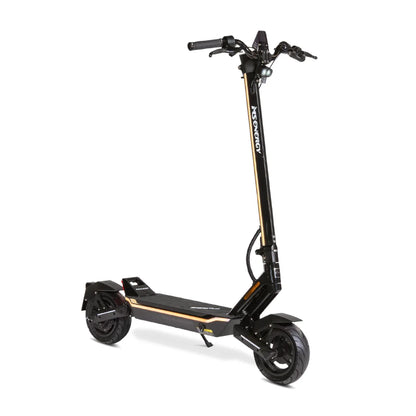 Electric Scooter Ms Energy Flare features a sleek black design with gold accents, sturdy frame and comfortable handlebars.