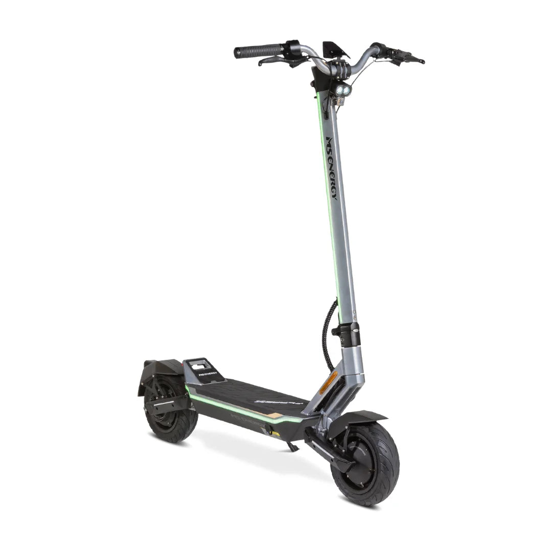 Electric Scooter Ms Energy Flare X features a sleek design with green accents, sturdy frame, and large wheels.