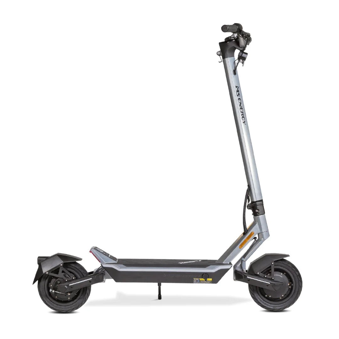 Electric Scooter Ms Energy Flare X features a sleek silver design, sturdy frame, and compact wheels.