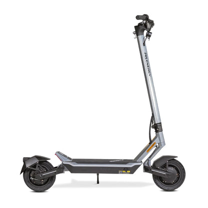Electric Scooter Ms Energy Flare X features a sleek silver design, sturdy frame, and compact wheels.