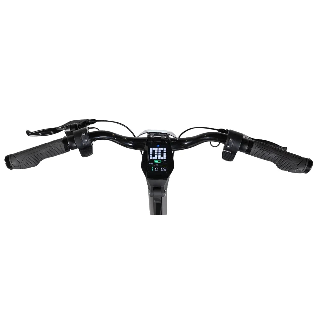 Electric Scooter Ms Energy Flare X features a sleek handlebar with a digital display, ergonomic grips, throttle and brakes.