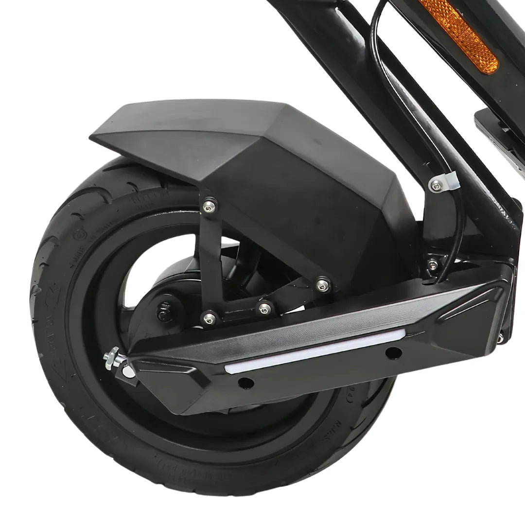 Product title: Electric Scooter Ms Energy Flare X. Description: A close-up of the rear wheel and fender of the electric scooter, highlighting its robust design.