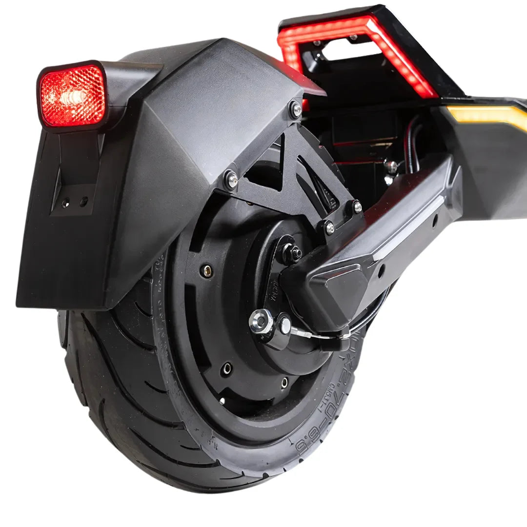 Electric Scooter Ms Energy Flare X features a robust rear wheel, sleek design, and integrated red lights.