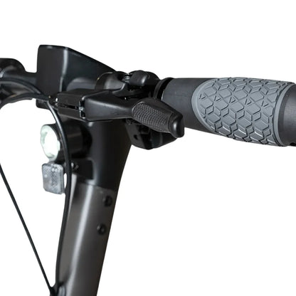 Electric Scooter Ms Energy Mentor features a sleek handlebar with a textured grip, brake lever, and LED light.