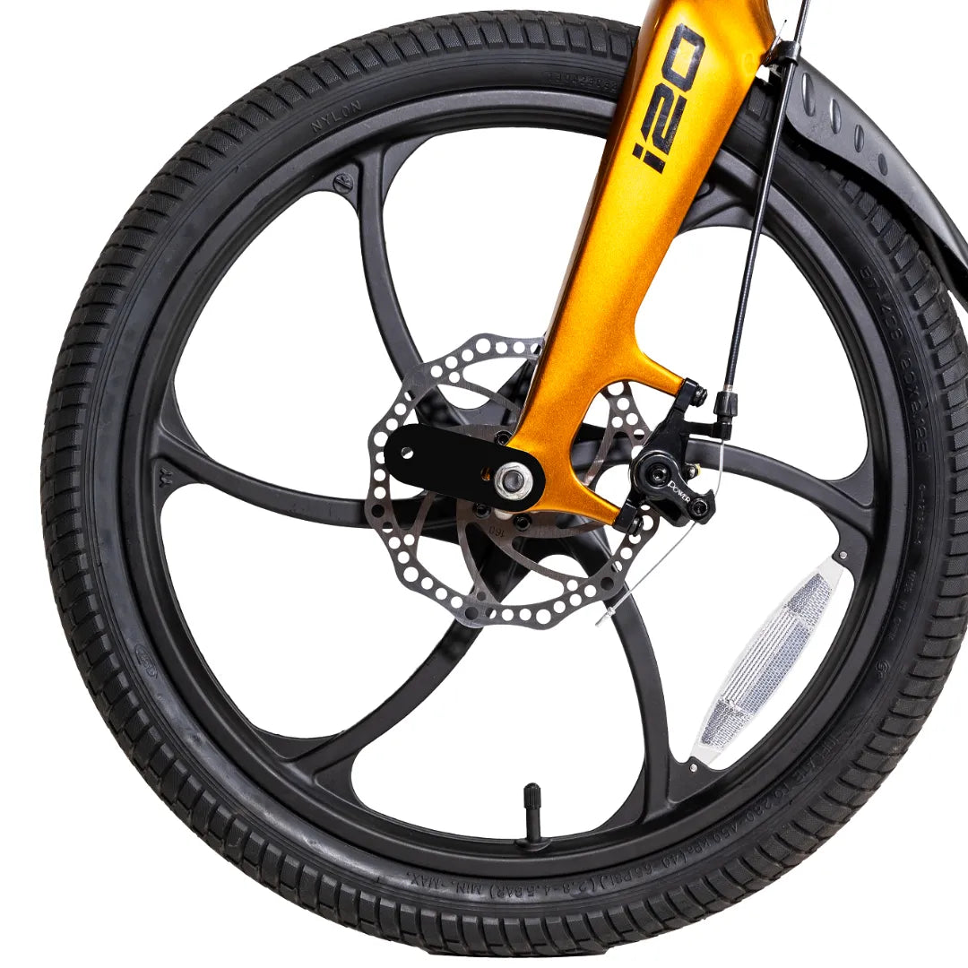 Electric bicycle MS Energy StreetFlex i20 – front wheel and disc brake close-up