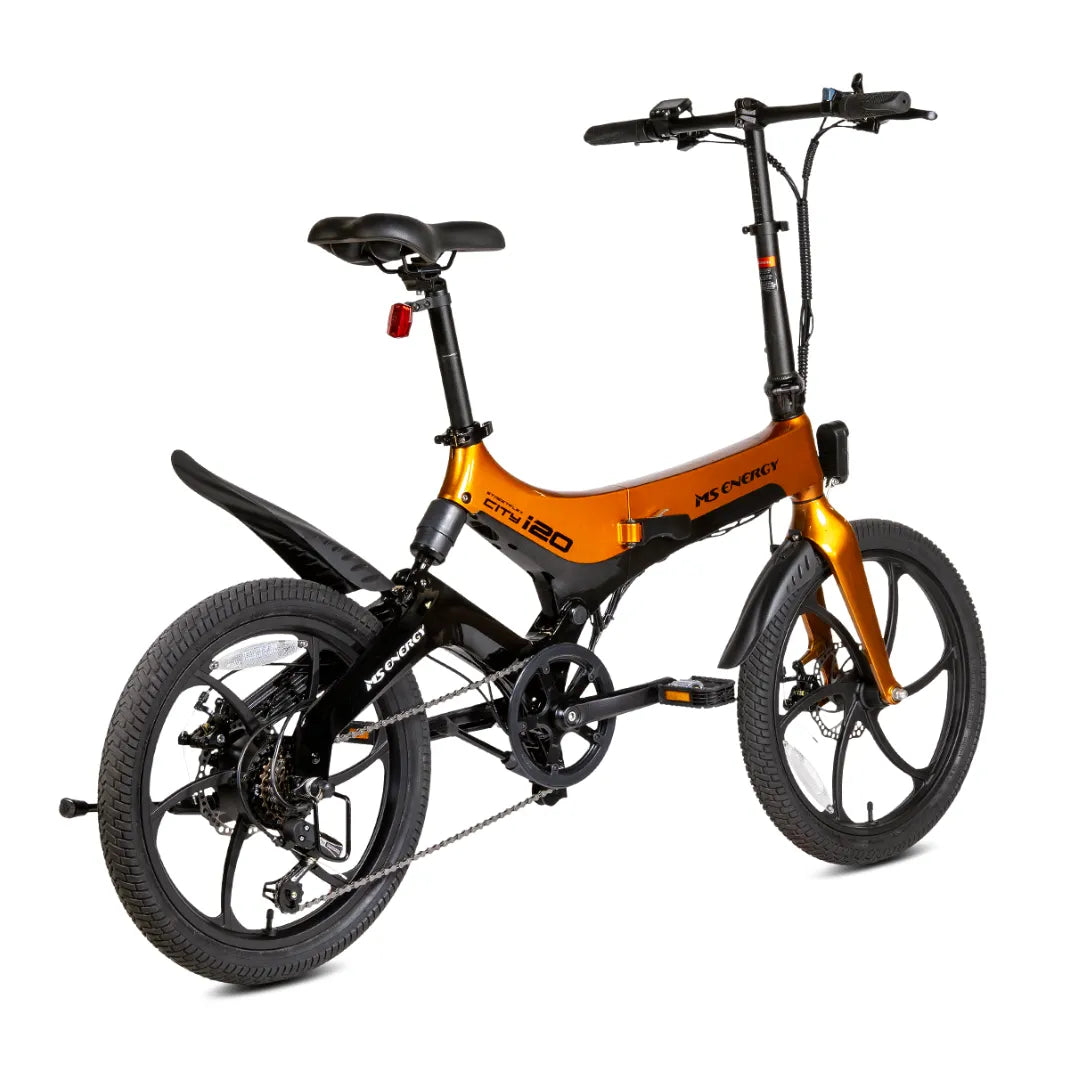 Electric bicycle MS Energy StreetFlex i20 – rear three-quarter view, orange and black