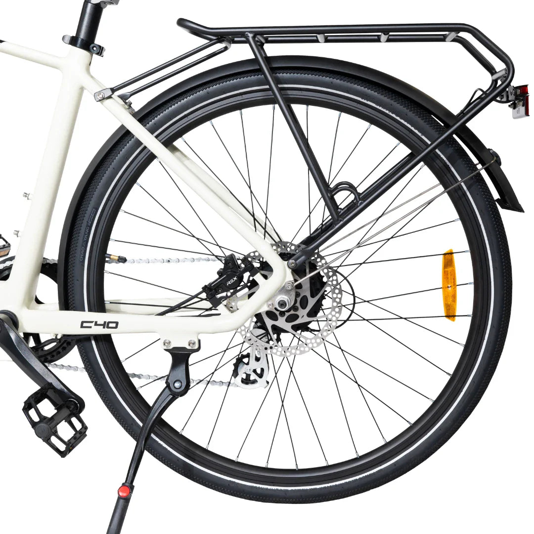 Electric Bike Ms Energy C40 features a sleek design with a sturdy rear rack, disc brakes, and robust tires.