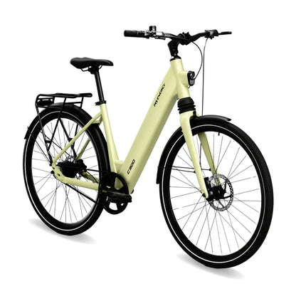 Electric Bike Ms Energy C300 features a sleek pale yellow frame, elegant design, and sturdy black components.