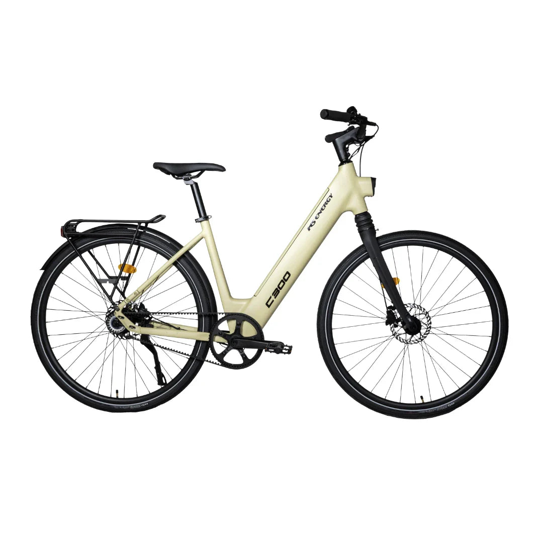 Electric Bike Ms Energy C300 features a sleek design, step-through frame, disc brakes, and sturdy tires.