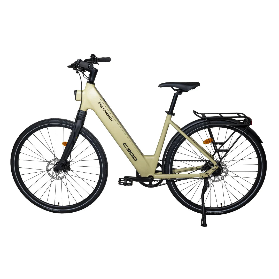 Electric Bike Ms Energy C300 features a sleek design, step-through frame, disc brakes, and a rear rack.
