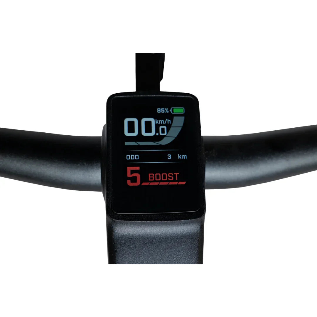 Rower elektryczny MS Energy SUV C502 – wyświetlacz pokazujący prędkość i poziom akumulatora