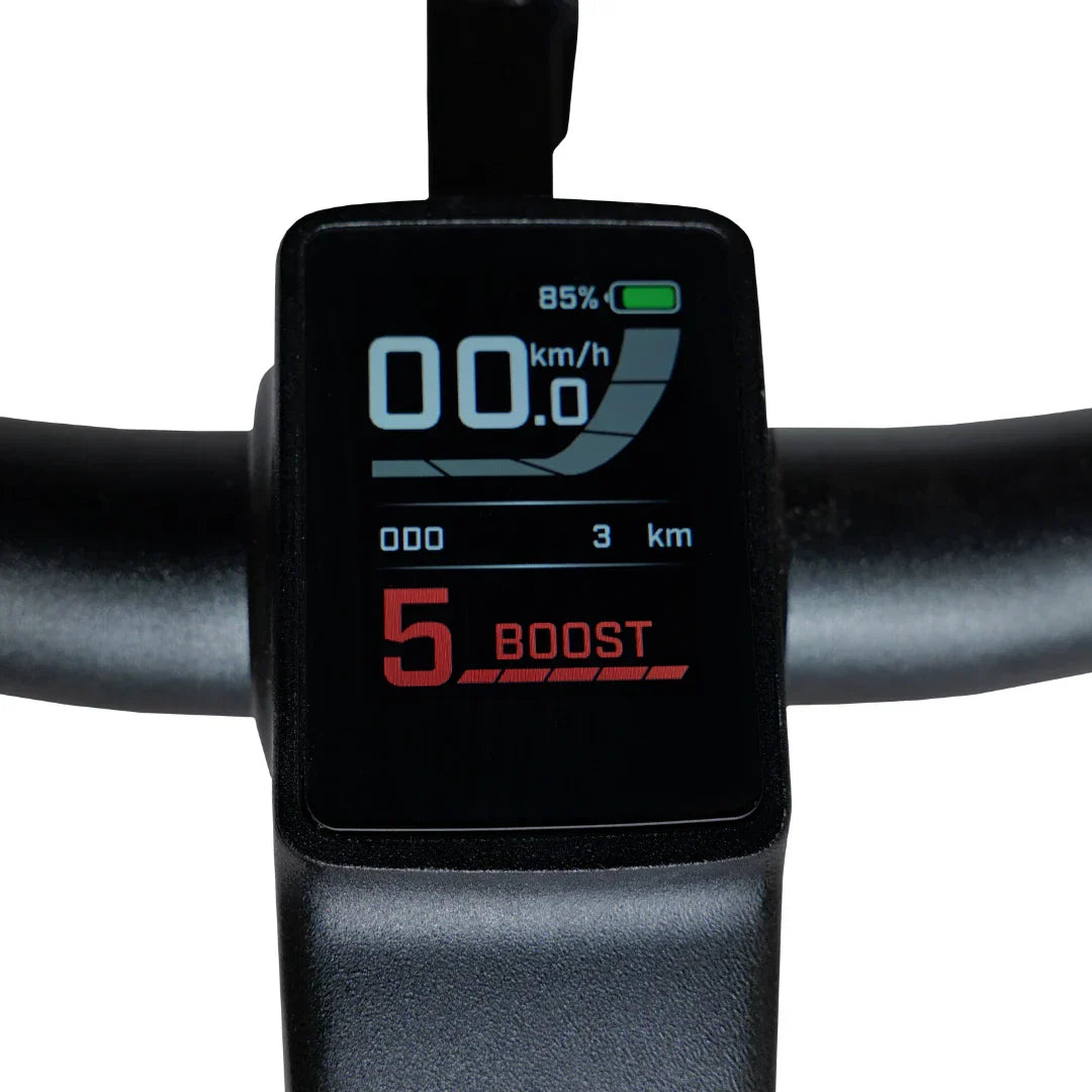 Rower elektryczny MS Energy SUV C502 – wyświetlacz pokazujący prędkość i poziom akumulatora