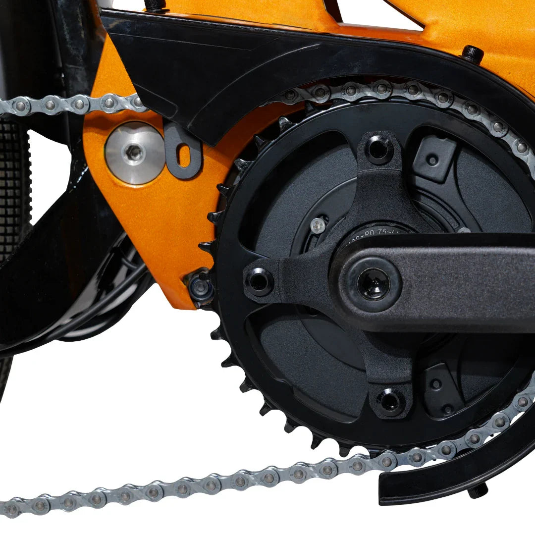 Electric bicycle MS Energy SUV C502 – crankset, chain, and motor close-up