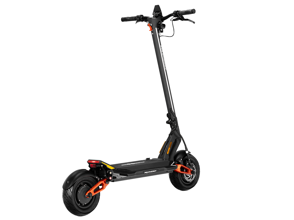 Electric Scooter Ms Energy Flare X Pro features a sleek design, dual brake system, robust frame, and large wheels for stability.