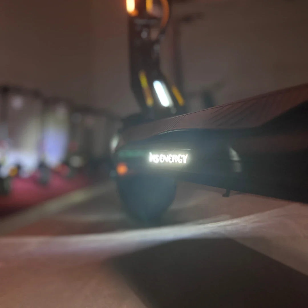 Electric Scooter Ms Energy Flare X Pro features a sleek design with illuminated branding, perfect for urban rides.