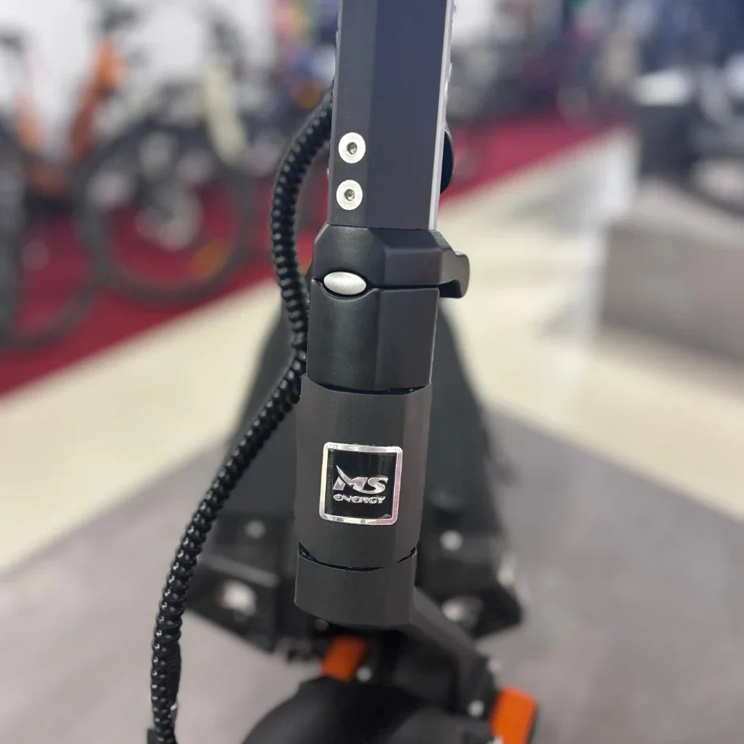 Electric scooter MS Energy Flare X PRO – stem folding mechanism and logo