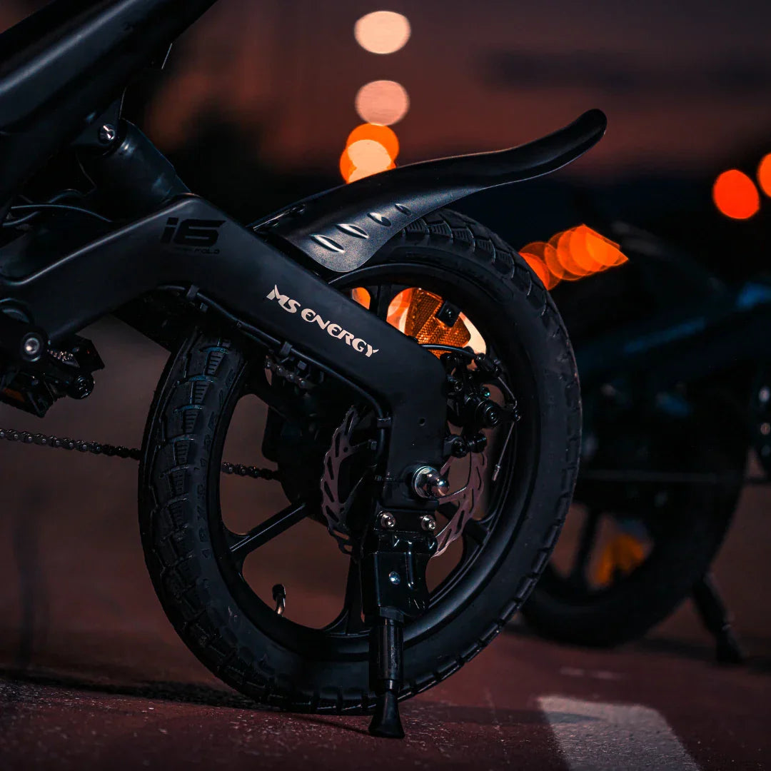 Electric bicycle MS Energy UrbanFold i6 – rear wheel and kickstand close-up