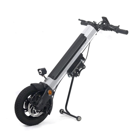 Electric Handbike Mijo Mt01 features a sleek design, compact frame, front lighting, and a sturdy wheel.