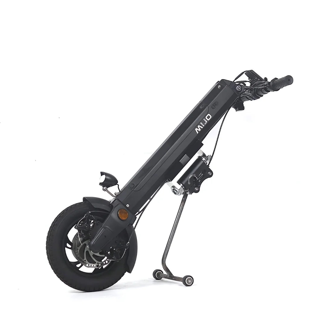Electric Handbike Mijo Mt01 features a sleek black design, compact foldable frame, and a robust front wheel for urban commuting.