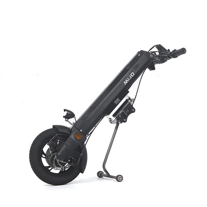 Electric Handbike Mijo Mt01 features a sleek black design, compact foldable frame, and a robust front wheel for urban commuting.