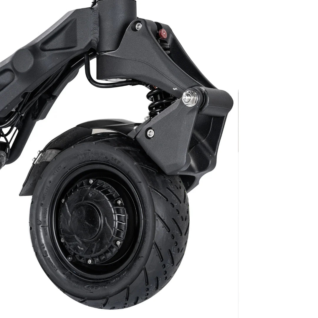 Close-up view of the rear wheel and suspension system of the electric scooter Nami Blast 2 Max