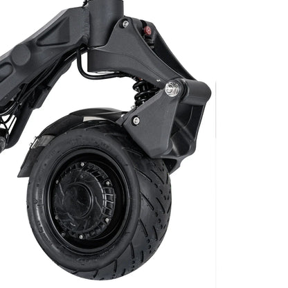 Close-up view of the rear wheel and suspension system of the electric scooter Nami Blast 2 Max