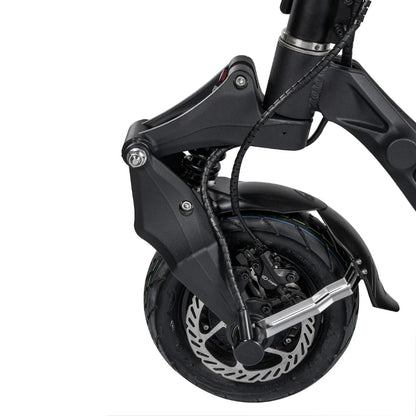 Close-up view of the front wheel and suspension system of the electric scooter Nami Blast 2 Max