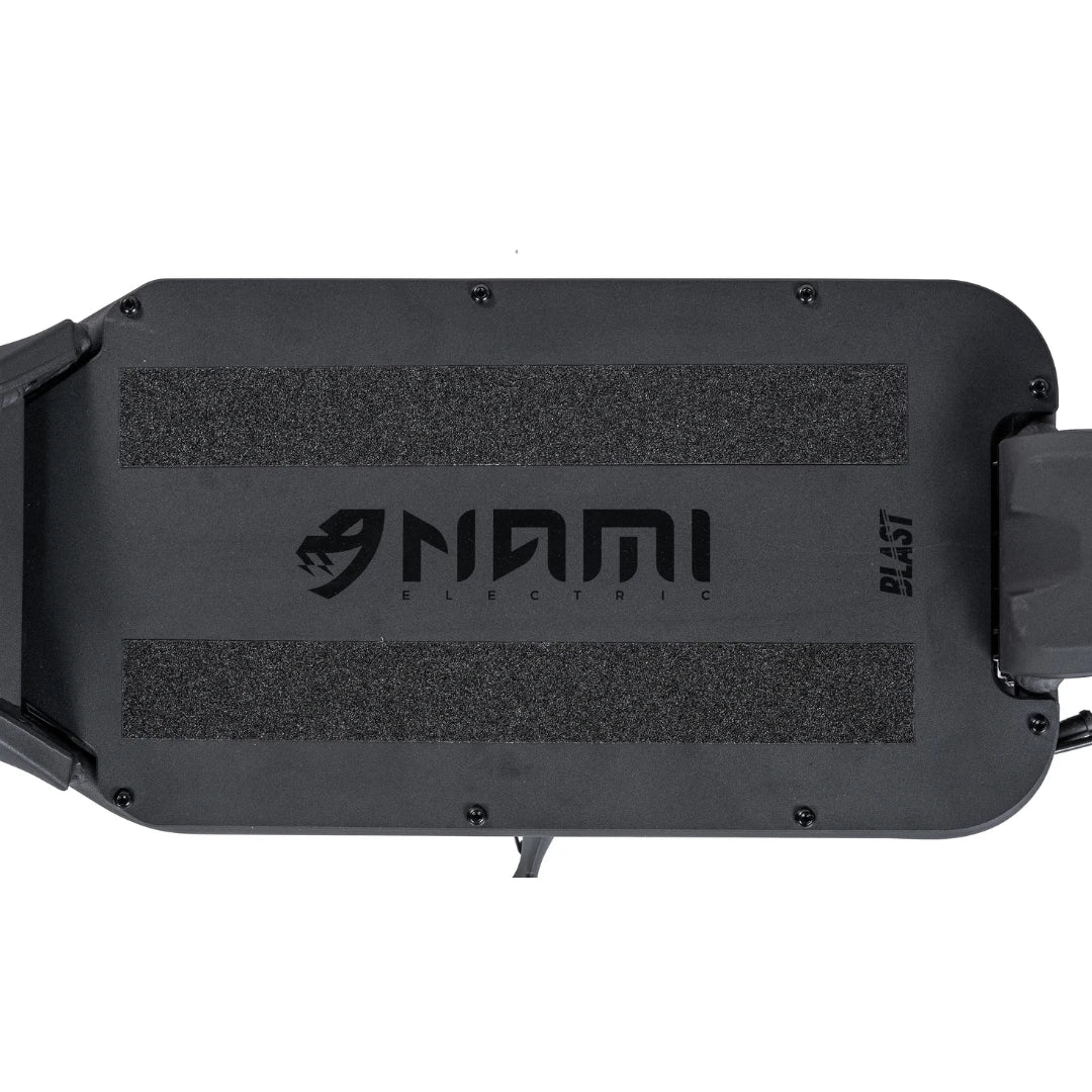 Top view of the electric scooter Nami Blast 2 Max showcasing its textured footboard and logo