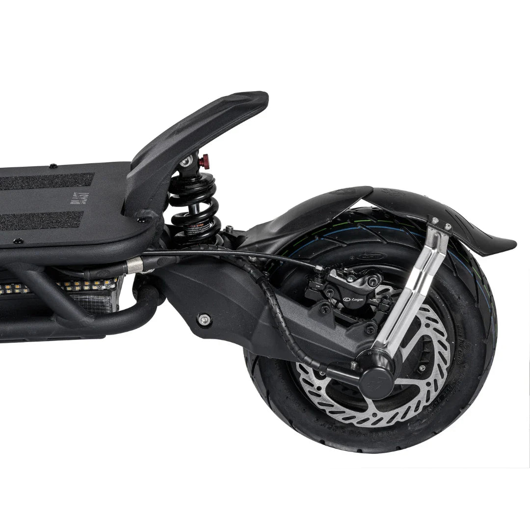 Close-up view of the rear wheel and suspension system of the electric scooter Nami Blast 2 Max